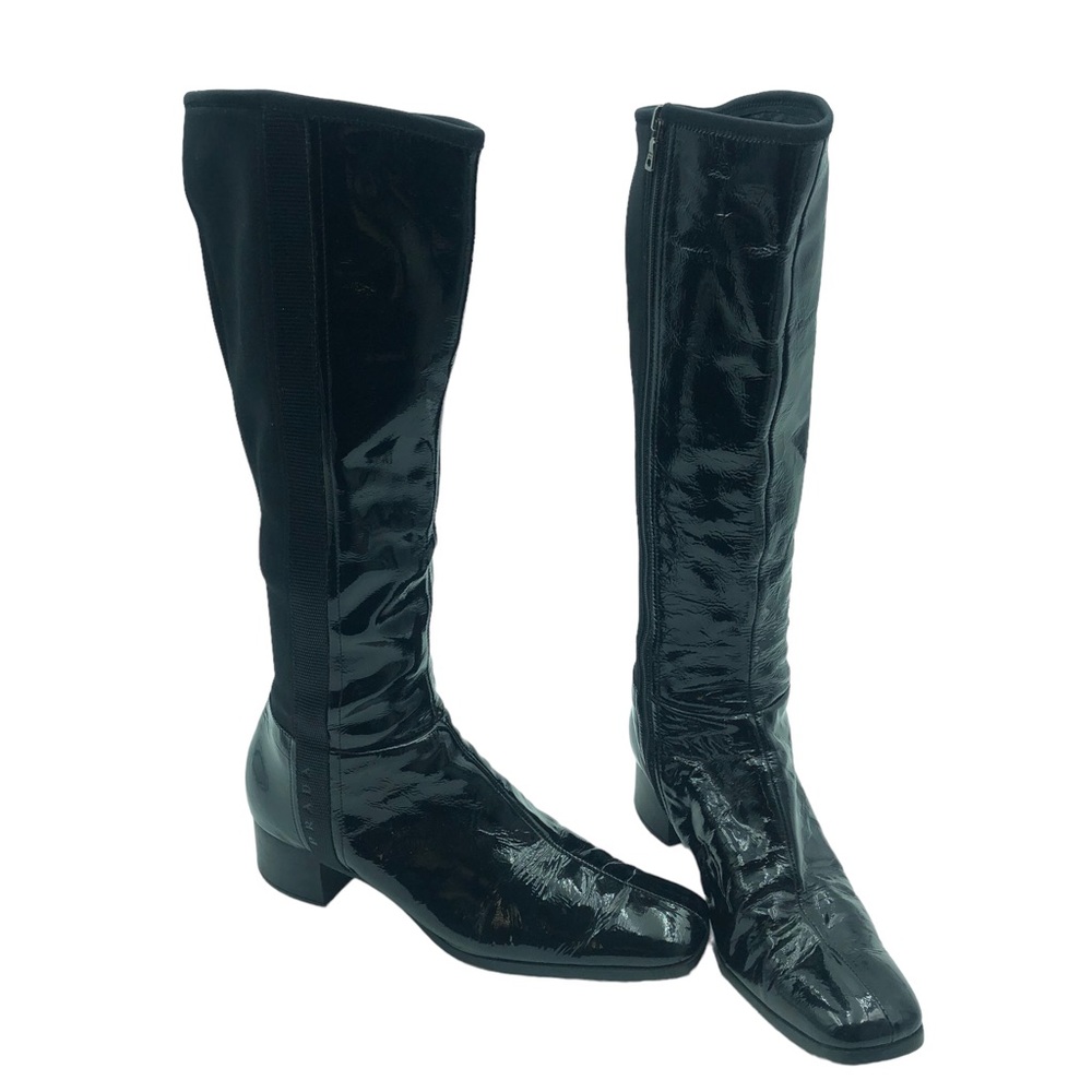 Prada Black Patent Leather Boots Size 9.5 US Size 40 Side Zipper Logo luxury